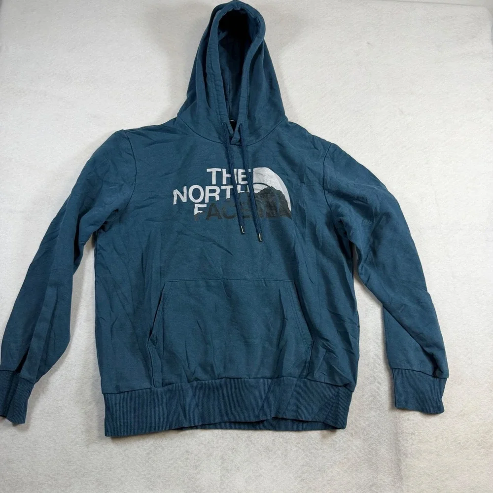 The North Face Mens Teal Blue Graphic Logo Pullover Hoodie Large L 7961